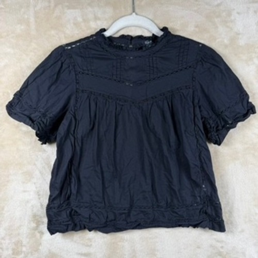 Rails Women XS Black Cotton Lace Trim Pintuck Ruffle Mock Neck Blouse Boho